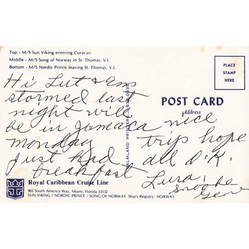 Vintage Royal Caribbean Postcard Sun Viking Song of Norway Nordic Prince Ships - Picture 2 of 2